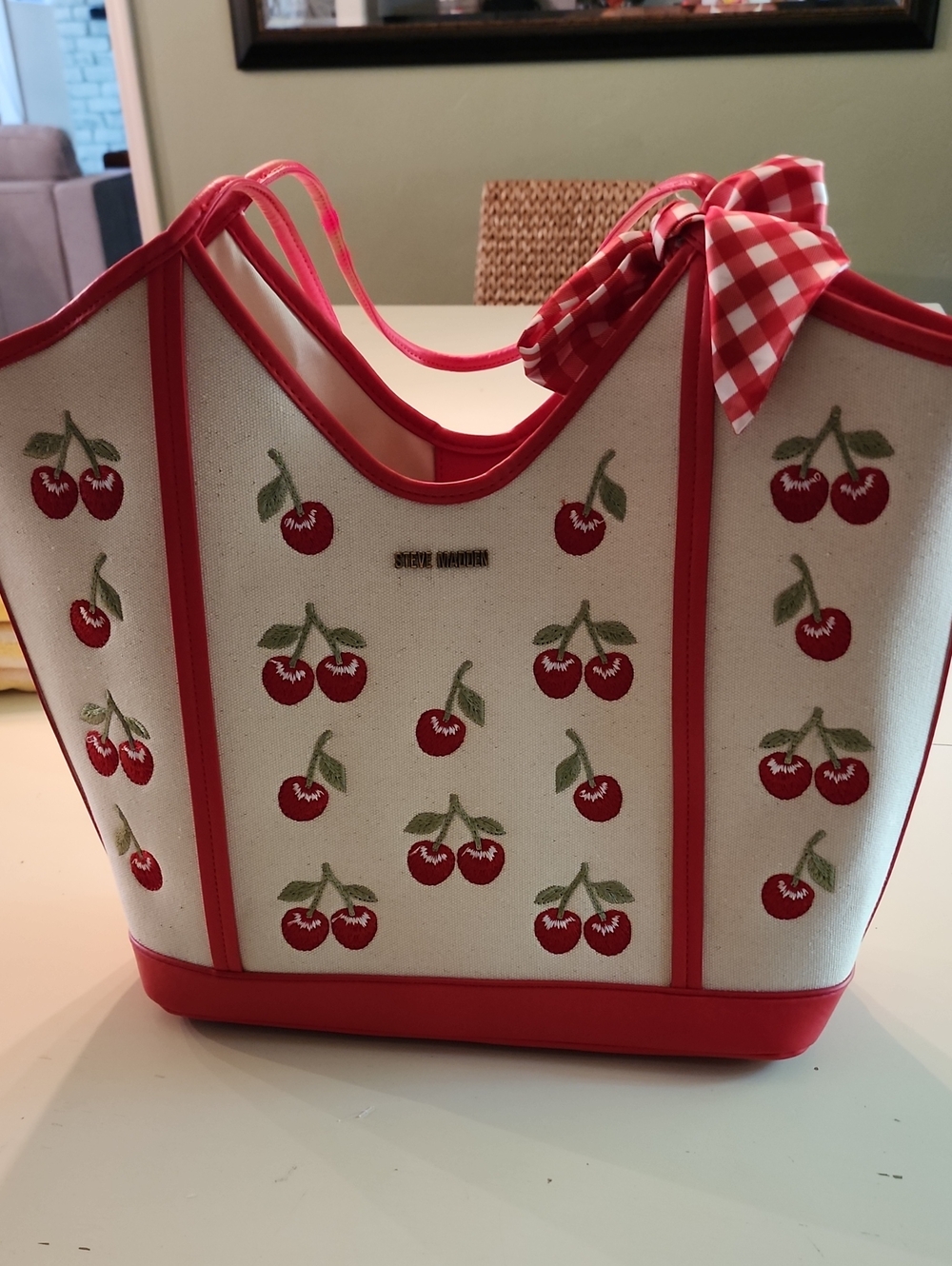 Steve Madden Red & Cream Cherry Canvas Tote with Gingham Bow - Picture 1 of 7